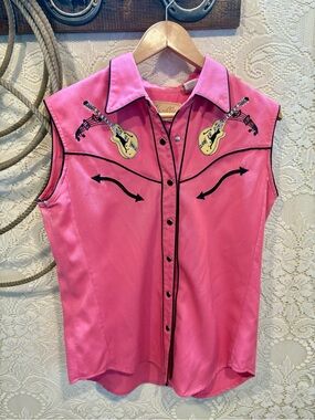 Scully Pink Sleeveless Western Button-Down Shirt with Guitar Embroidery